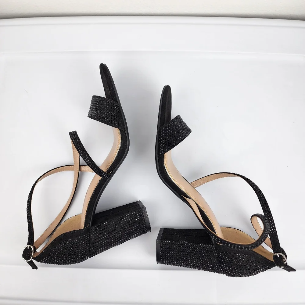 Kelly & Katie Paloona Rhinestones Block Heels Sandals Strappy Pumps Black 9M - Picture 7 of 12